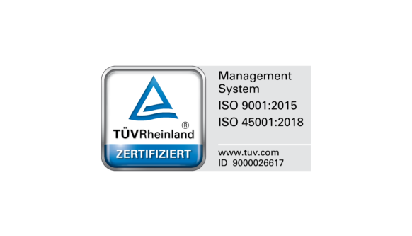TÜV Rheinland Zertifikat für das Managementsystem. Zertifiziert nach ISO 9001:2015 und ISO 45001:2018.